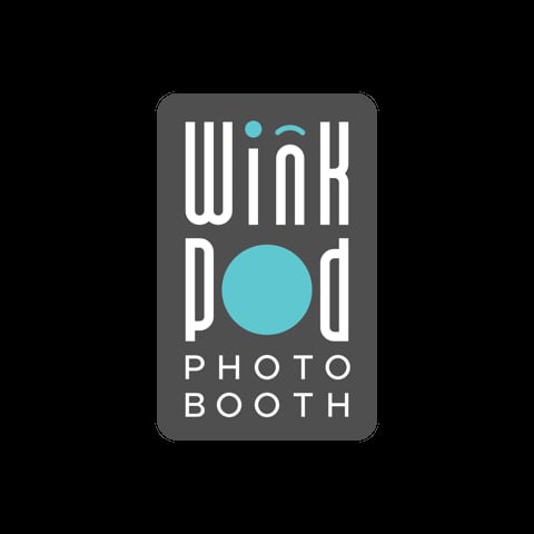 Wink Pod Photo Booth logo featuring white text and a turquoise circle on a dark gray rounded rectangle
