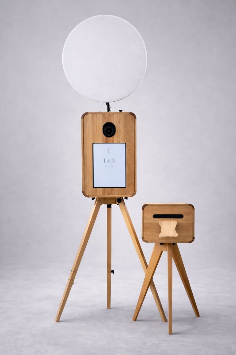 Wooden photo booth machines on tripod legs with camera, screen display, and white circular light reflector on top