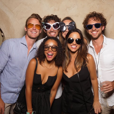 Group of six smiling people at a party wearing fun novelty sunglasses