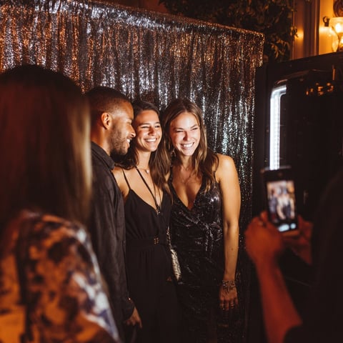 Three people in formal attire smiling at an elegant event with gold string lights backdrop