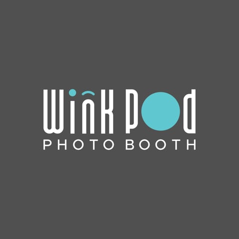Wink Pod Photo Booth logo with white text and cyan circle on gray background